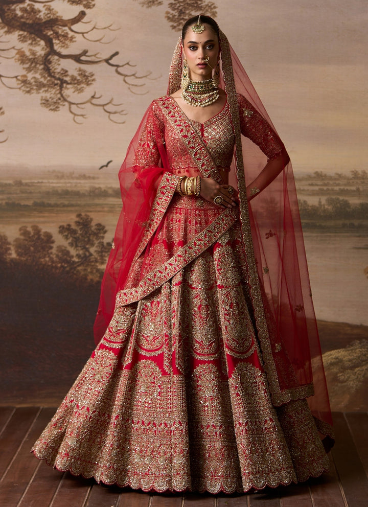 Red Raw Silk Double Dupatta Lehenga Set