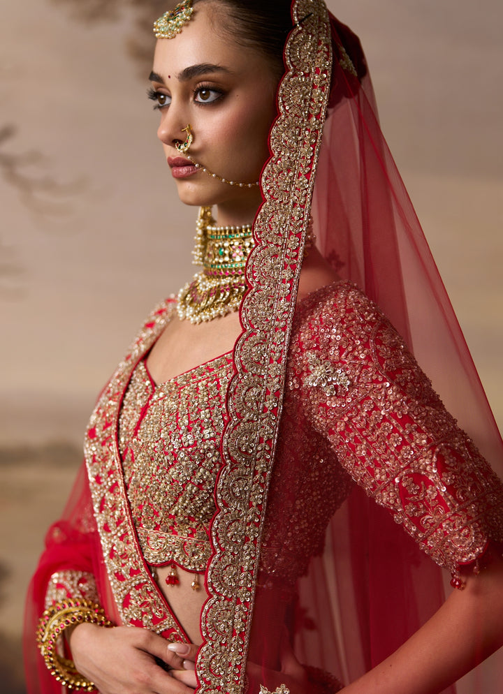Red Raw Silk Double Dupatta Lehenga Set