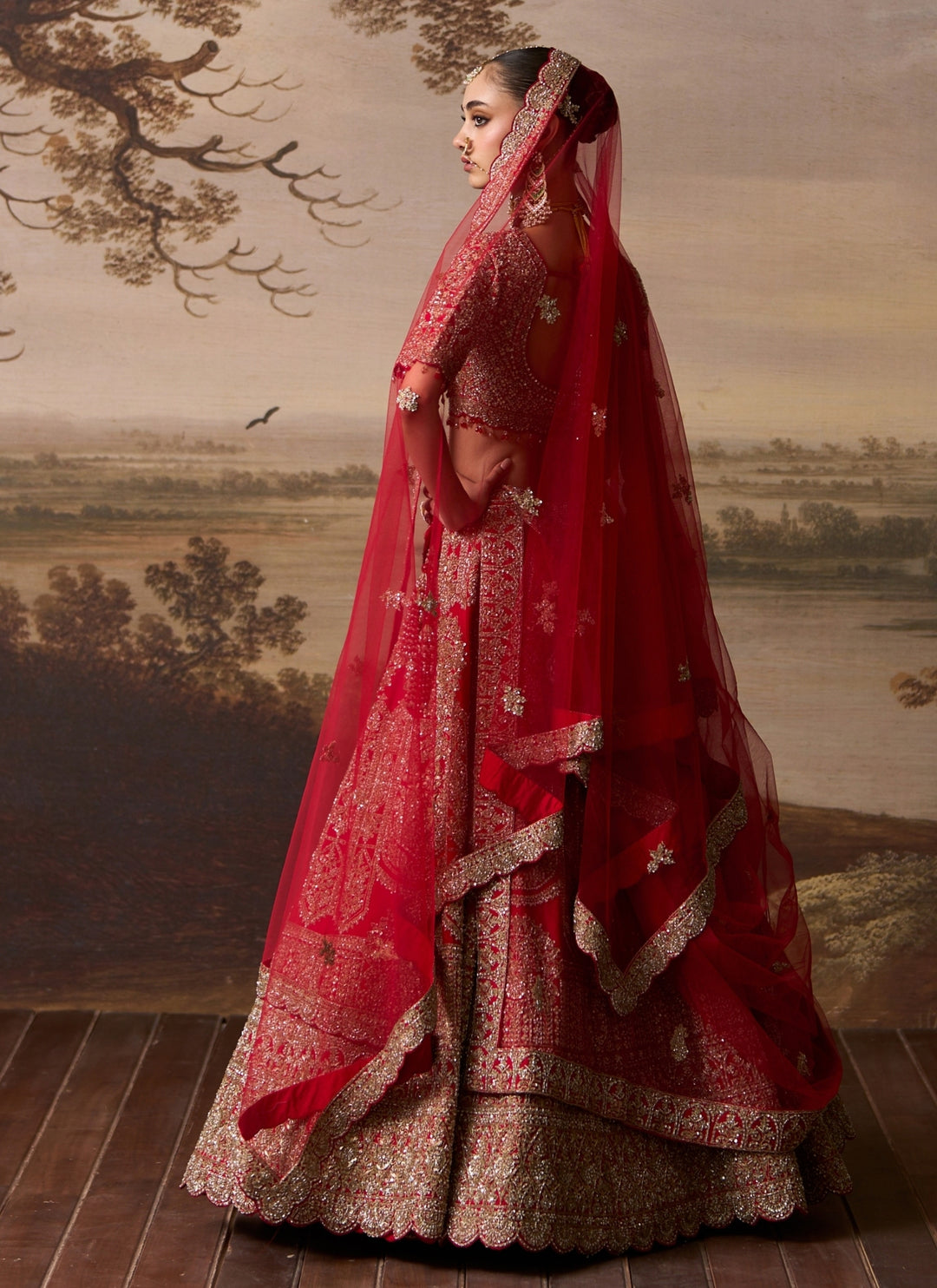 Red Raw Silk Double Dupatta Lehenga Set