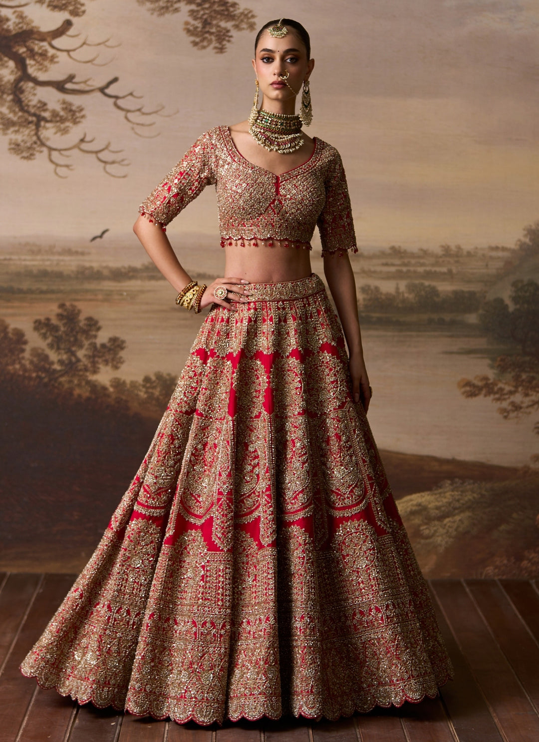 Red Raw Silk Double Dupatta Lehenga Set