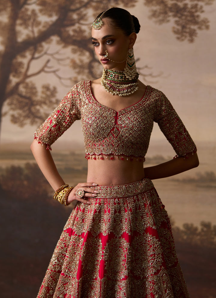Red Raw Silk Double Dupatta Lehenga Set