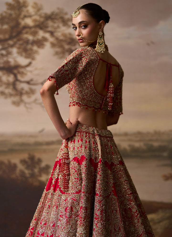 Red Raw Silk Double Dupatta Lehenga Set