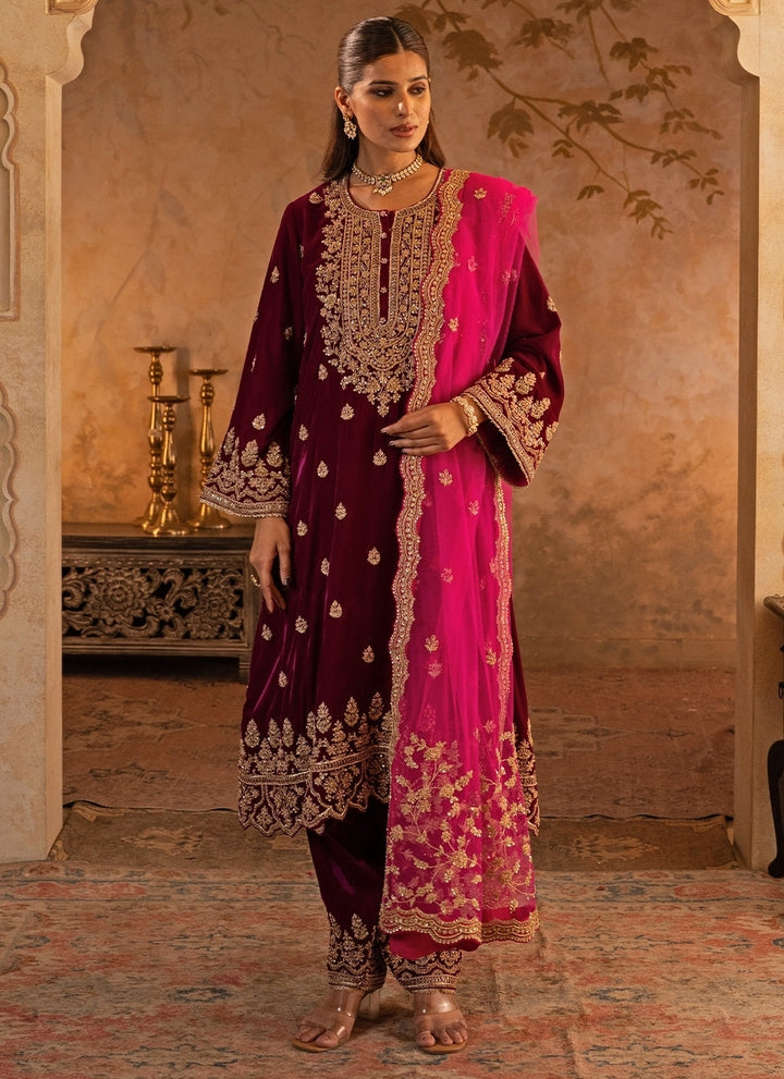 Deep Crimson Red Velvet Kurta Pants Set