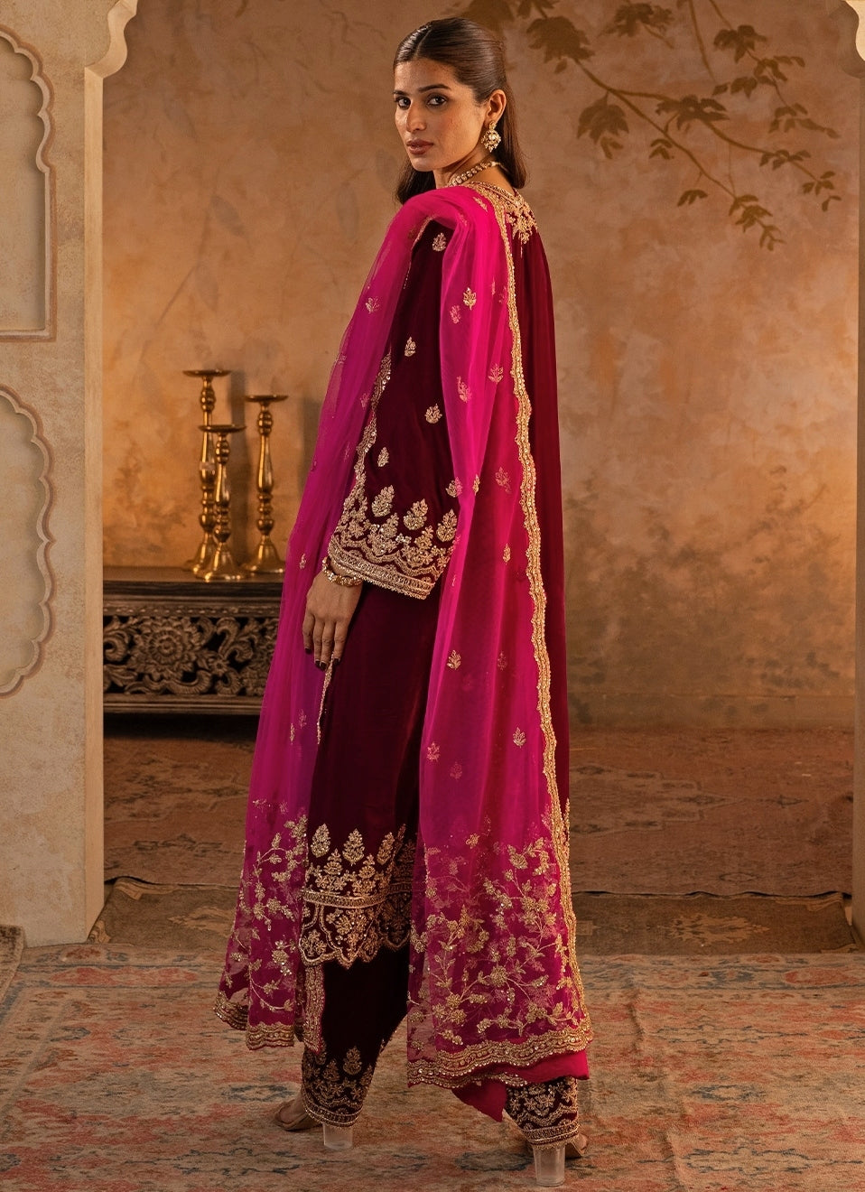 Deep Crimson Red Velvet Kurta Pants Set
