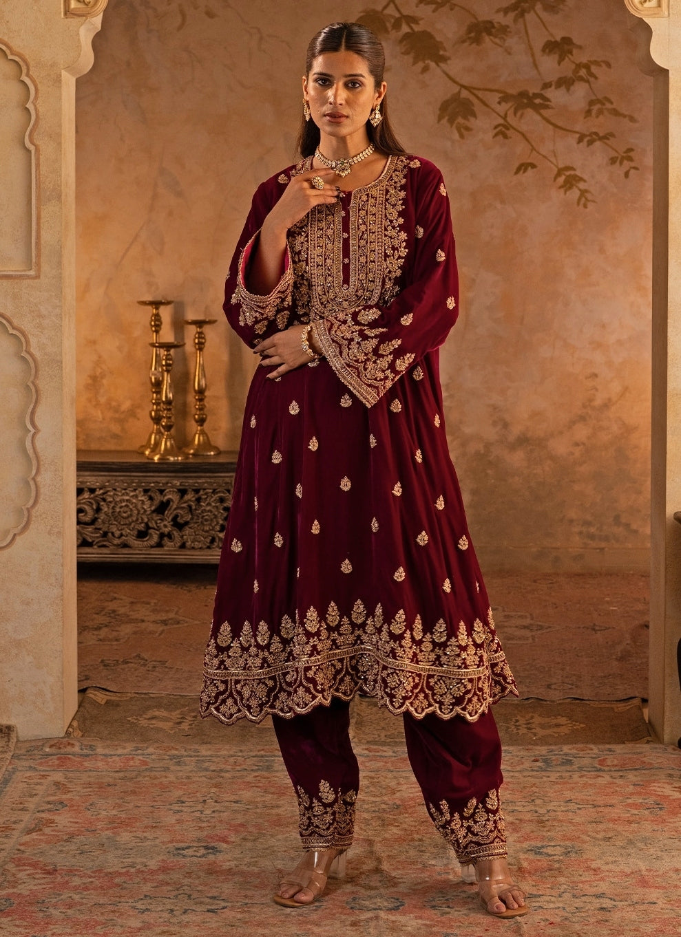 Deep Crimson Red Velvet Kurta Pants Set