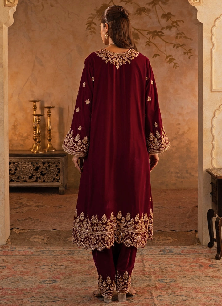 Deep Crimson Red Velvet Kurta Pants Set