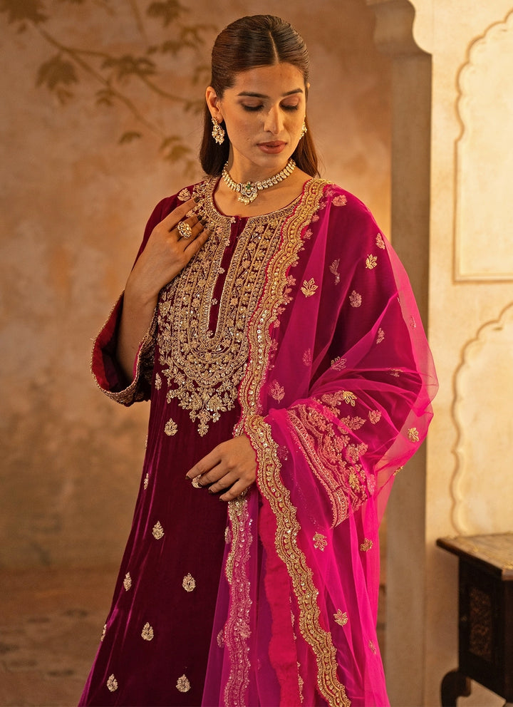 Deep Crimson Red Velvet Kurta Pants Set
