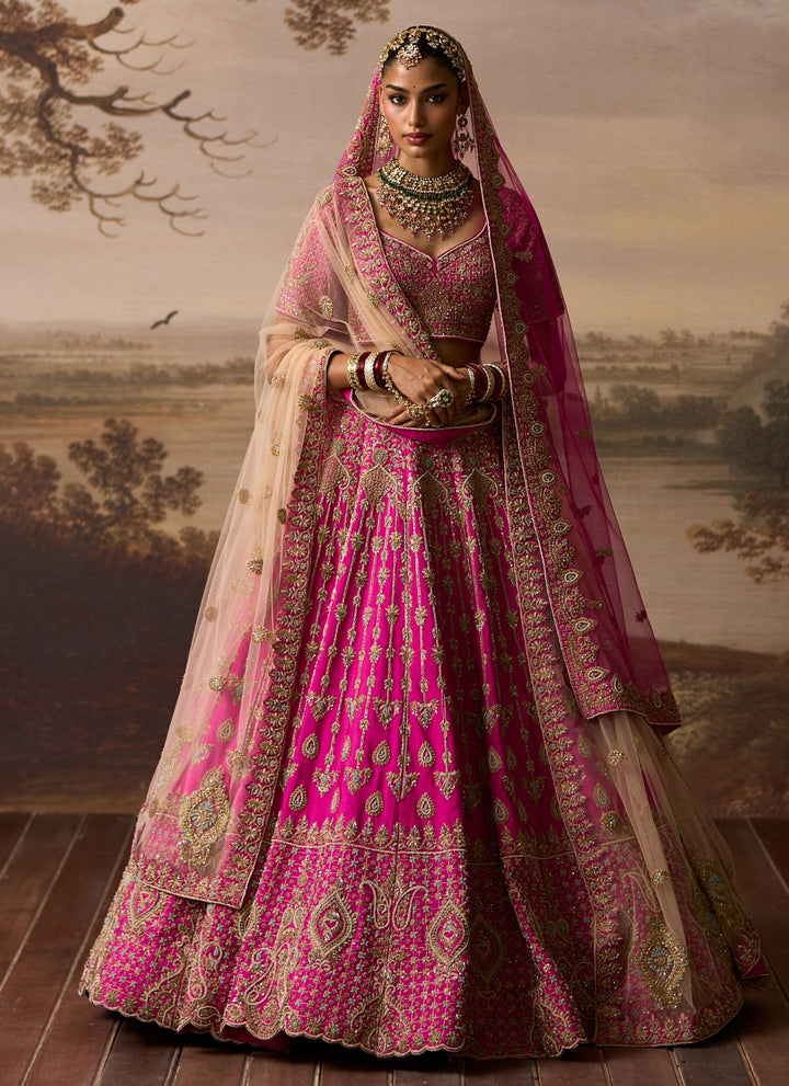 Hot Pink Raw Silk Double Dupatta Lehenga Set