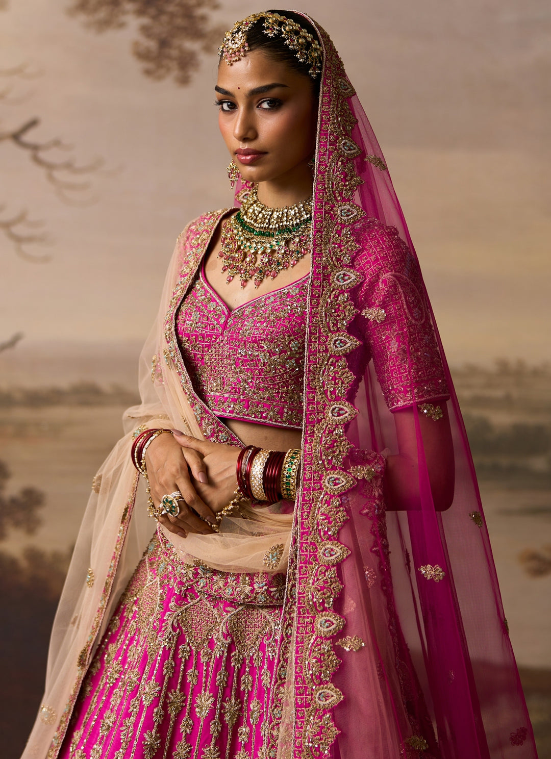 Hot Pink Raw Silk Double Dupatta Lehenga Set