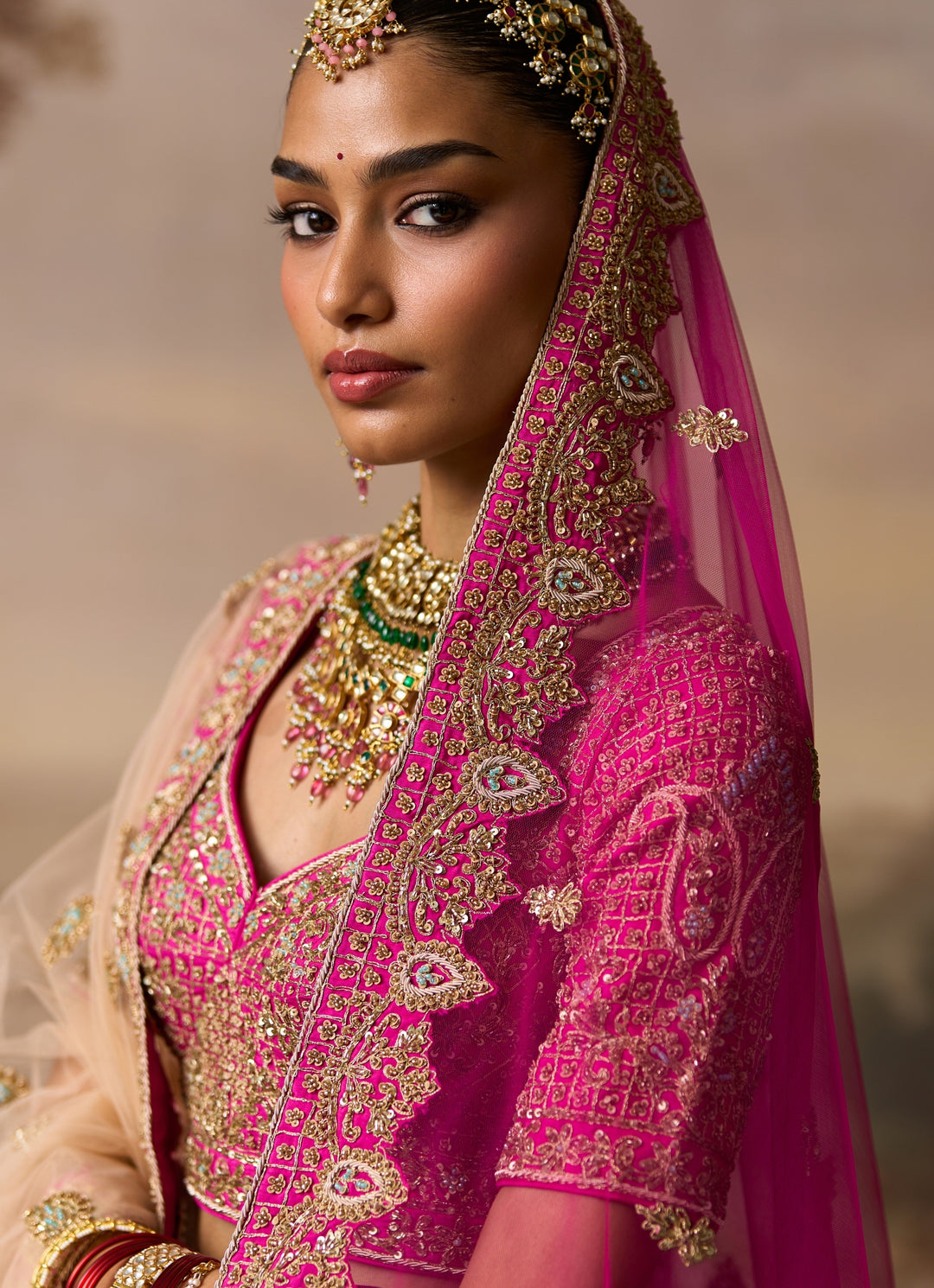 Hot Pink Raw Silk Double Dupatta Lehenga Set