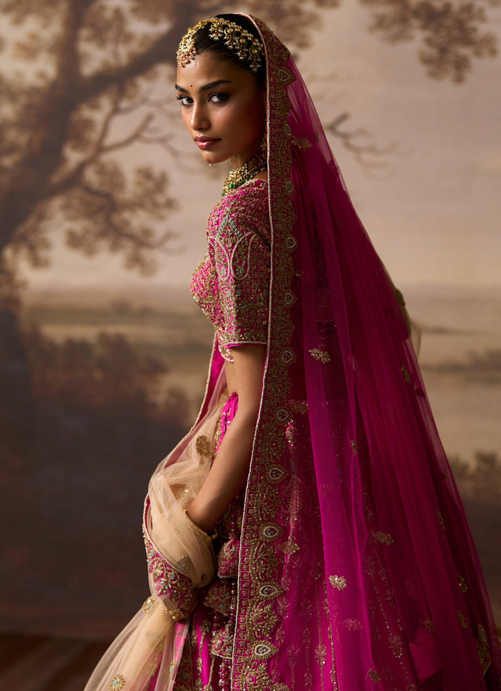 Hot Pink Raw Silk Double Dupatta Lehenga Set