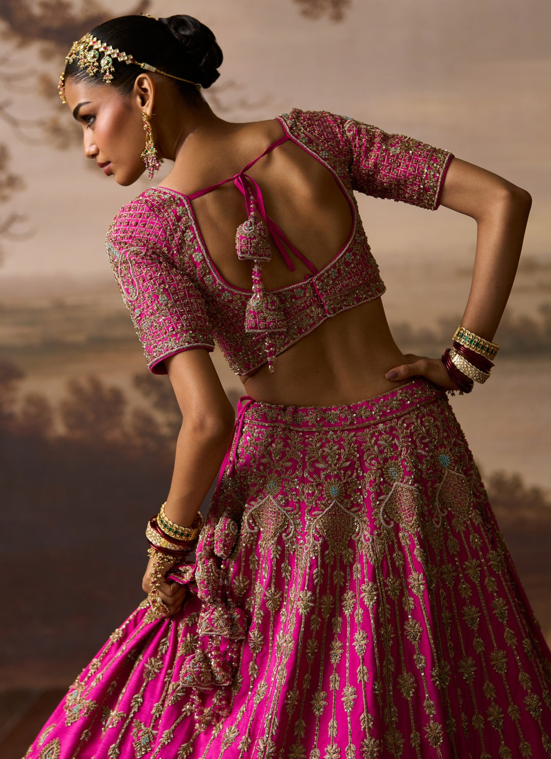Hot Pink Raw Silk Double Dupatta Lehenga Set