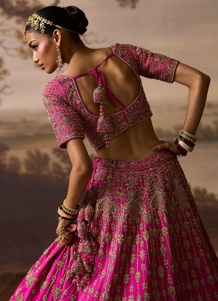 Hot Pink Raw Silk Double Dupatta Lehenga Set