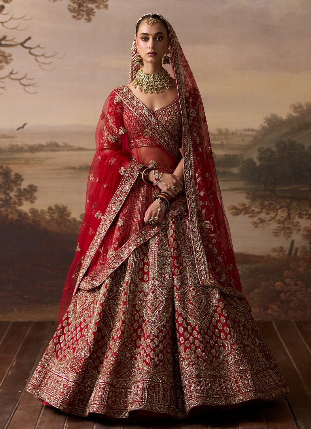 Scarlet Red Raw Silk Double Dupatta Lehenga Set