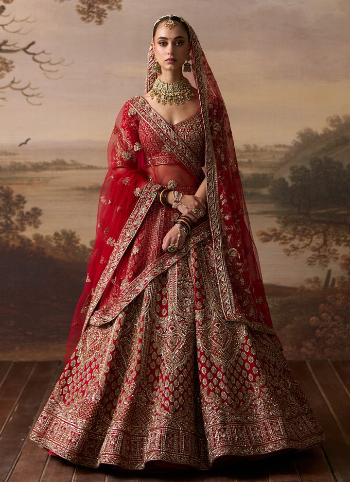 Scarlet Red Raw Silk Double Dupatta Lehenga Set