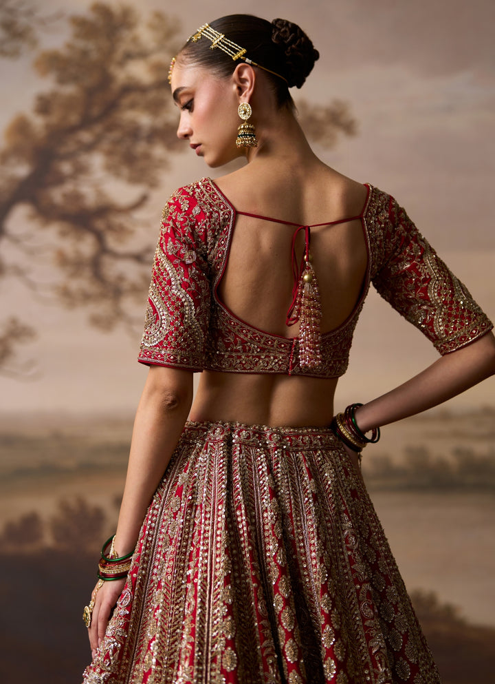Scarlet Red Raw Silk Double Dupatta Lehenga Set