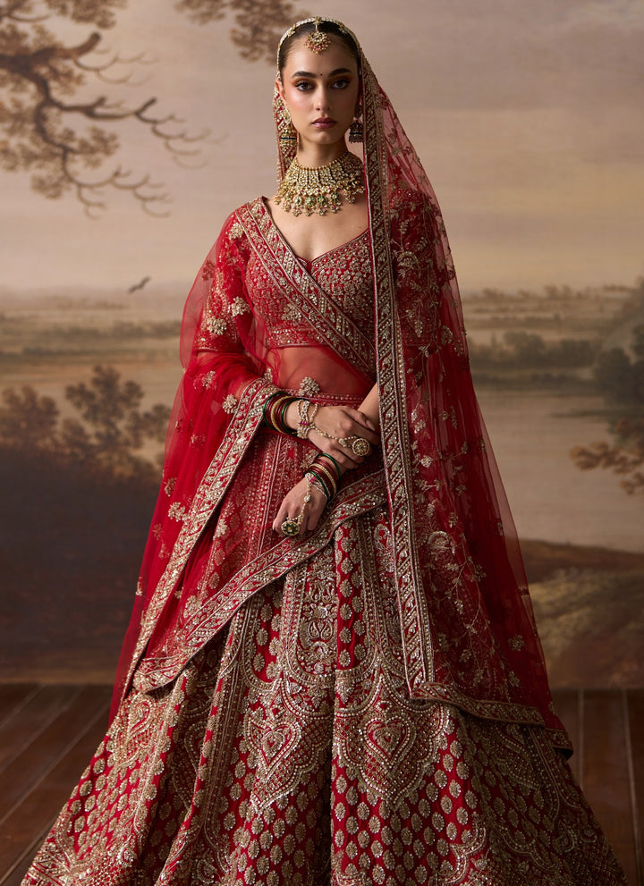 Scarlet Red Raw Silk Double Dupatta Lehenga Set