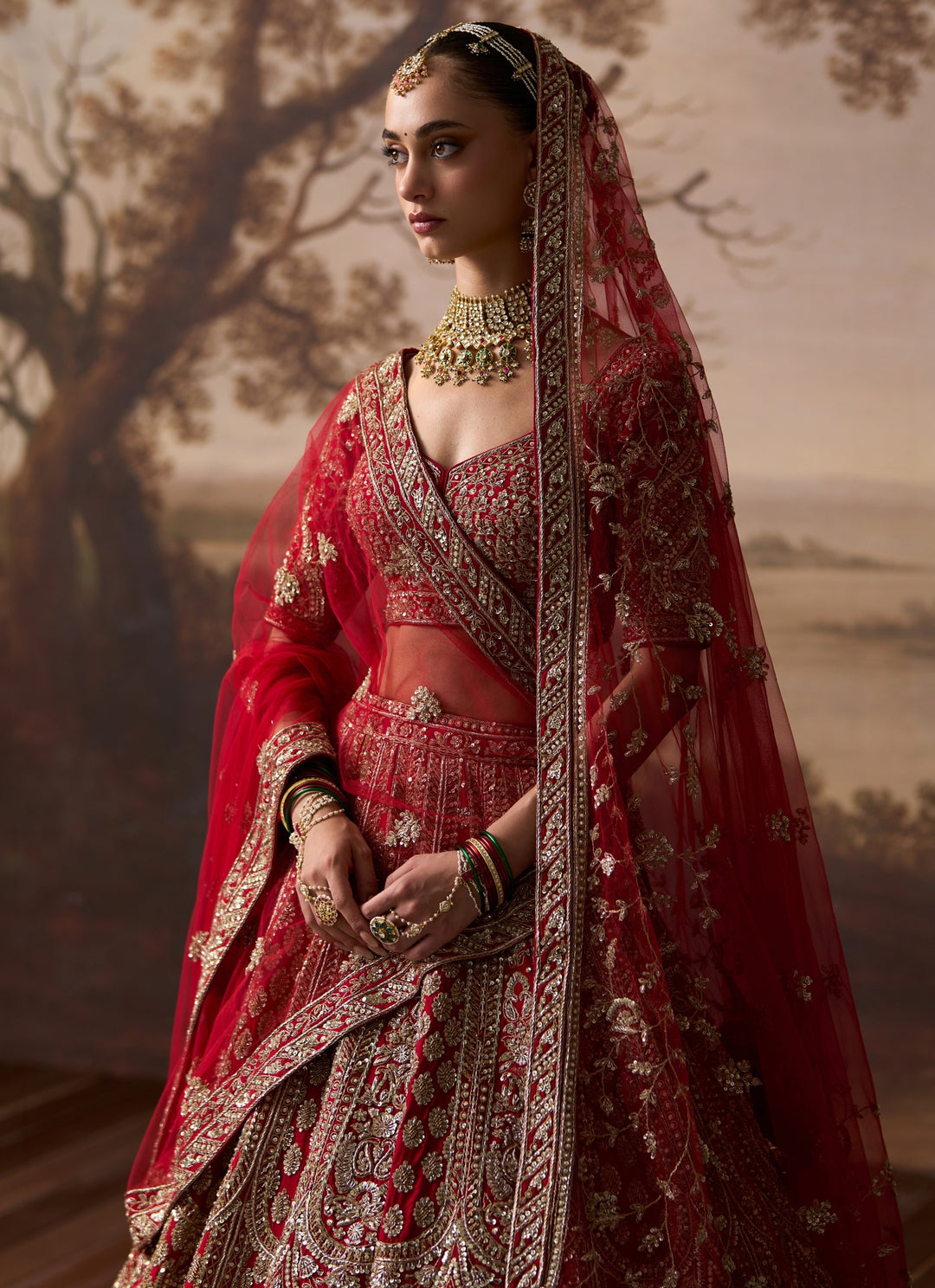 Scarlet Red Raw Silk Double Dupatta Lehenga Set