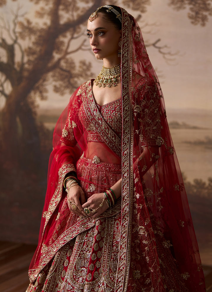 Scarlet Red Raw Silk Double Dupatta Lehenga Set