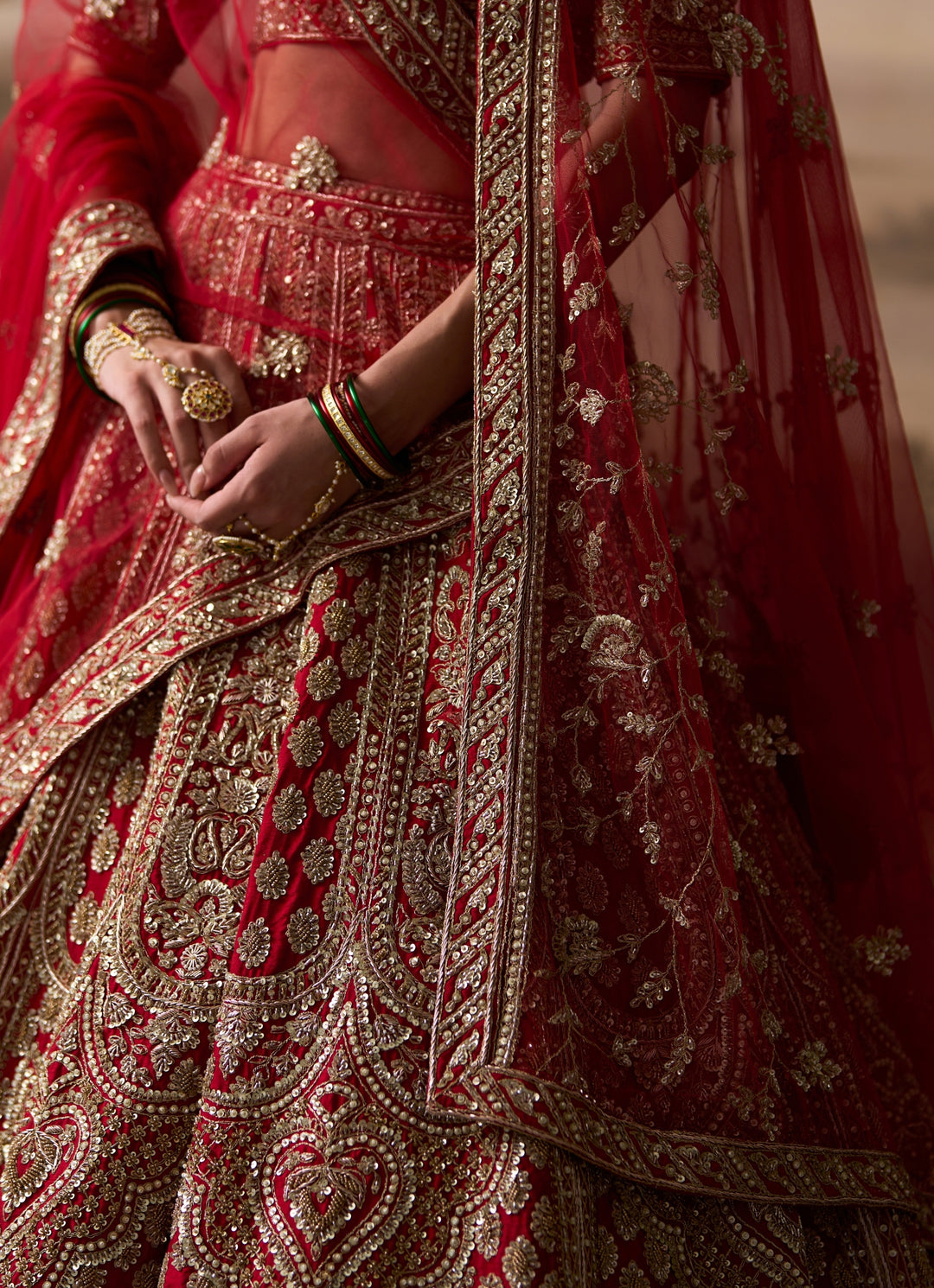 Scarlet Red Raw Silk Double Dupatta Lehenga Set