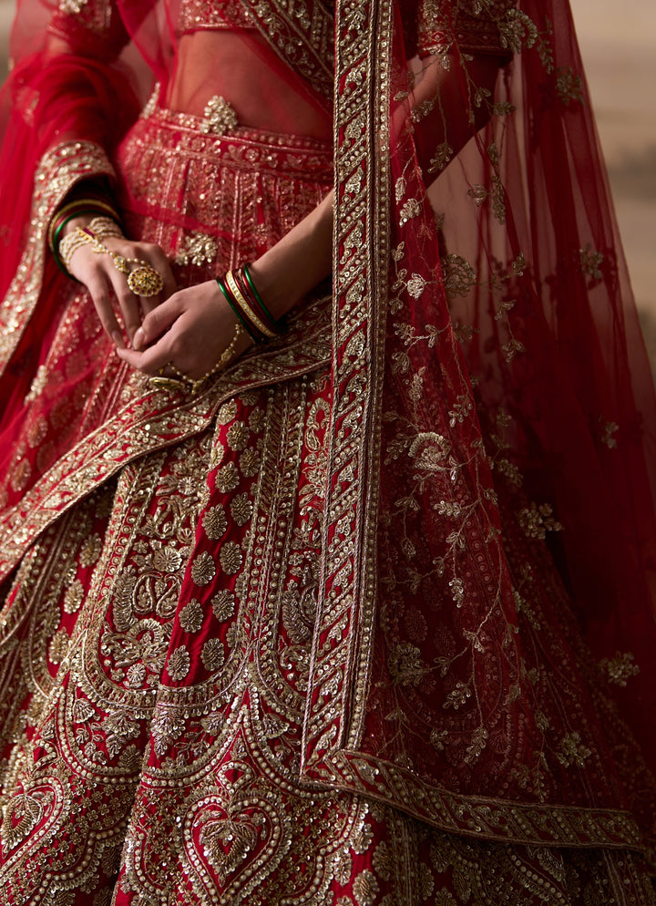 Scarlet Red Raw Silk Double Dupatta Lehenga Set