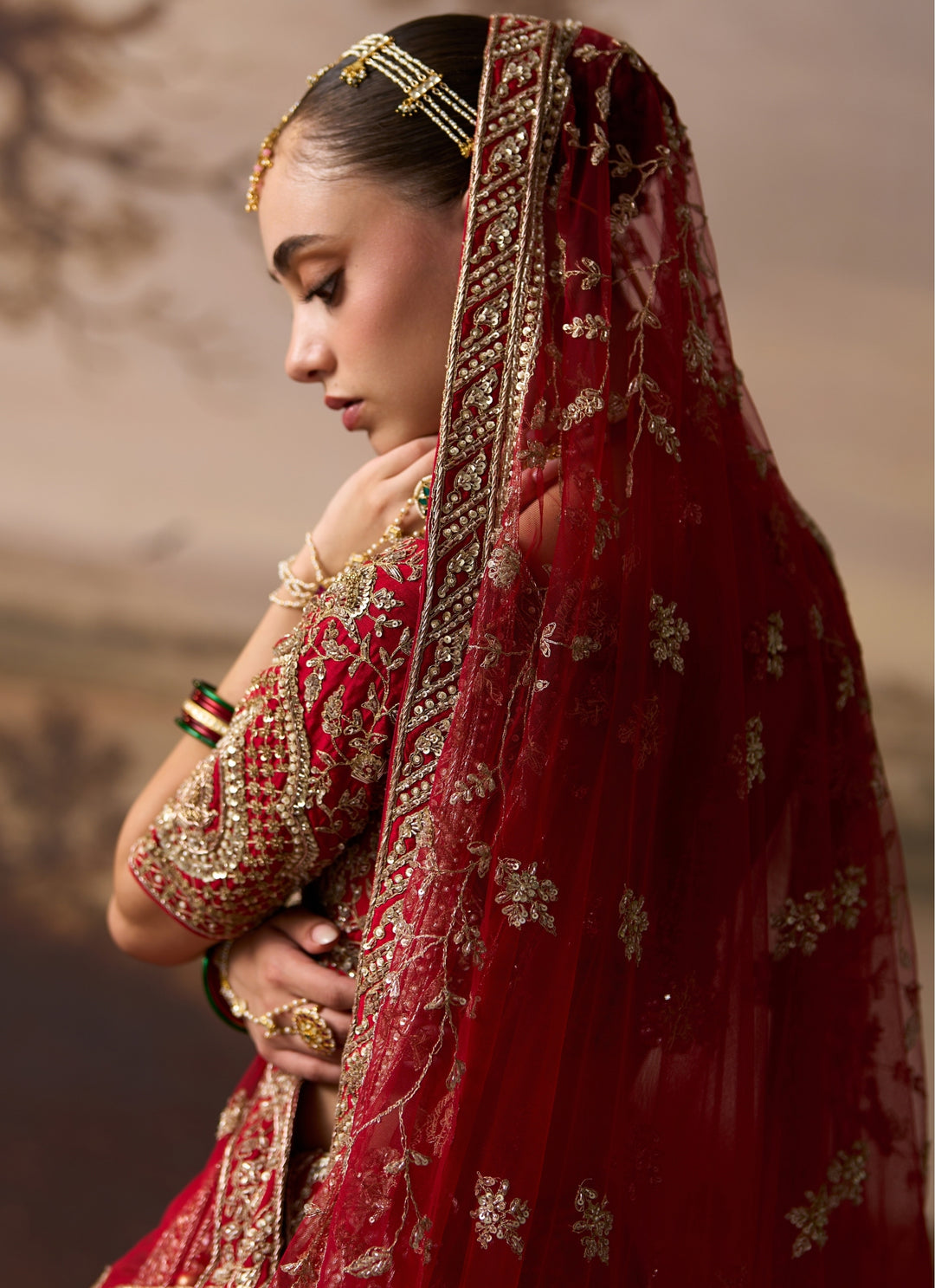 Scarlet Red Raw Silk Double Dupatta Lehenga Set