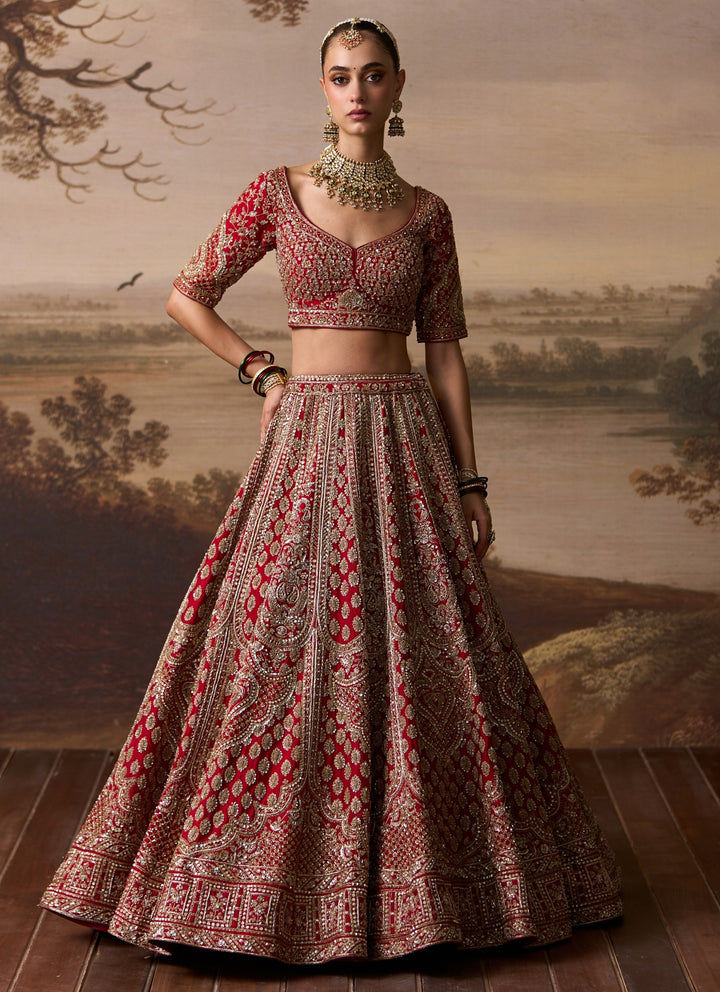 Scarlet Red Raw Silk Double Dupatta Lehenga Set