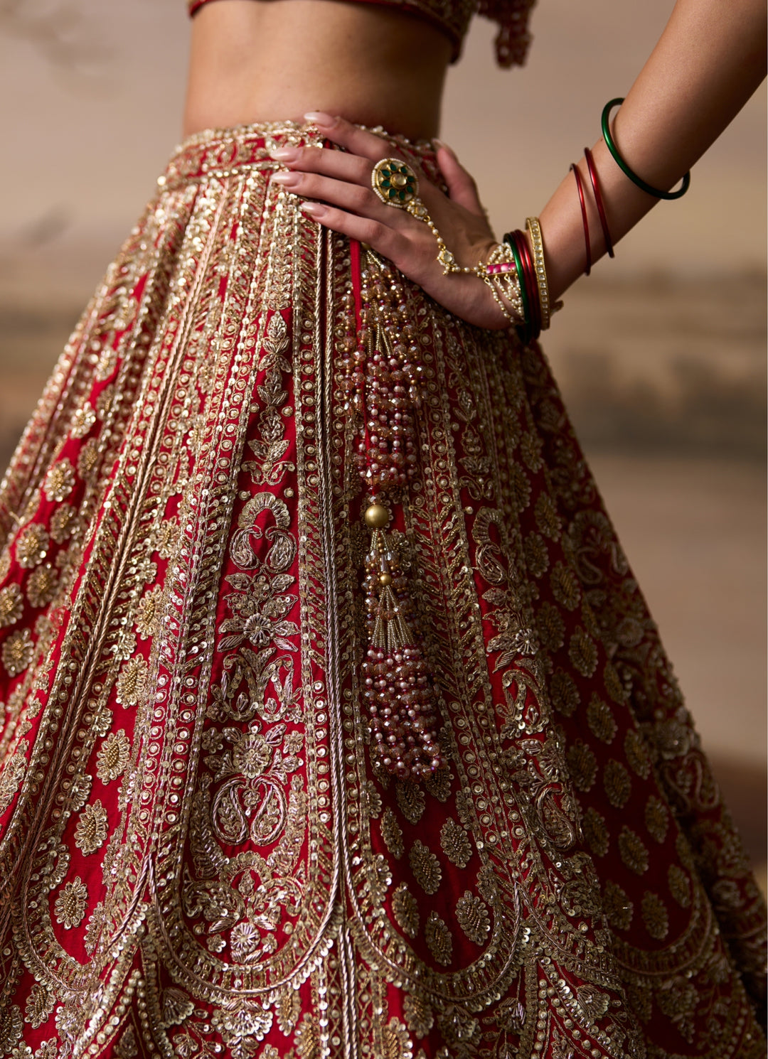Scarlet Red Raw Silk Double Dupatta Lehenga Set