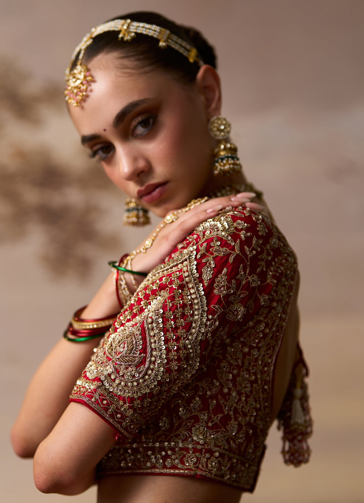 Scarlet Red Raw Silk Double Dupatta Lehenga Set