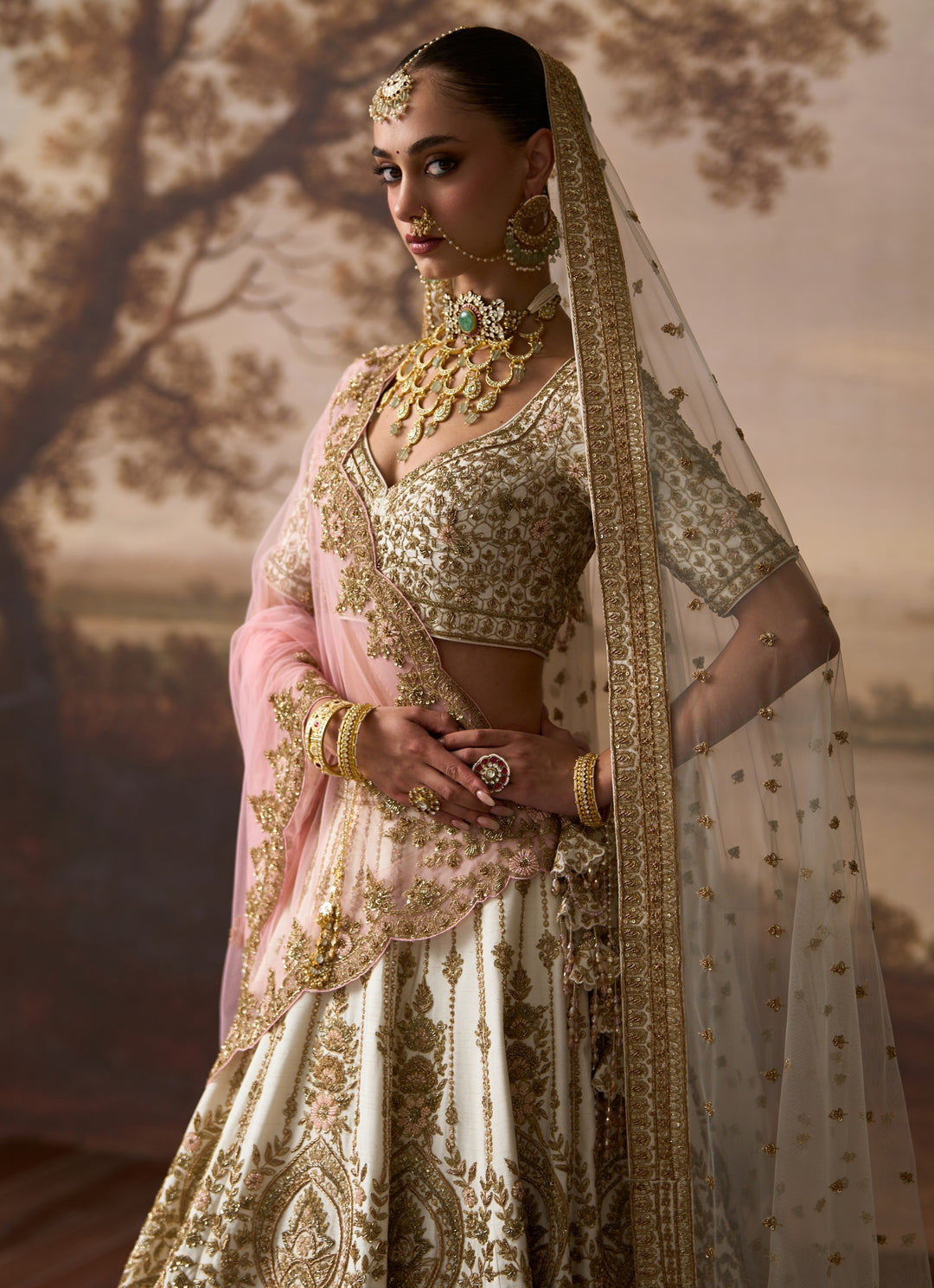 Ivory Raw Silk Double Dupatta Lehenga Set