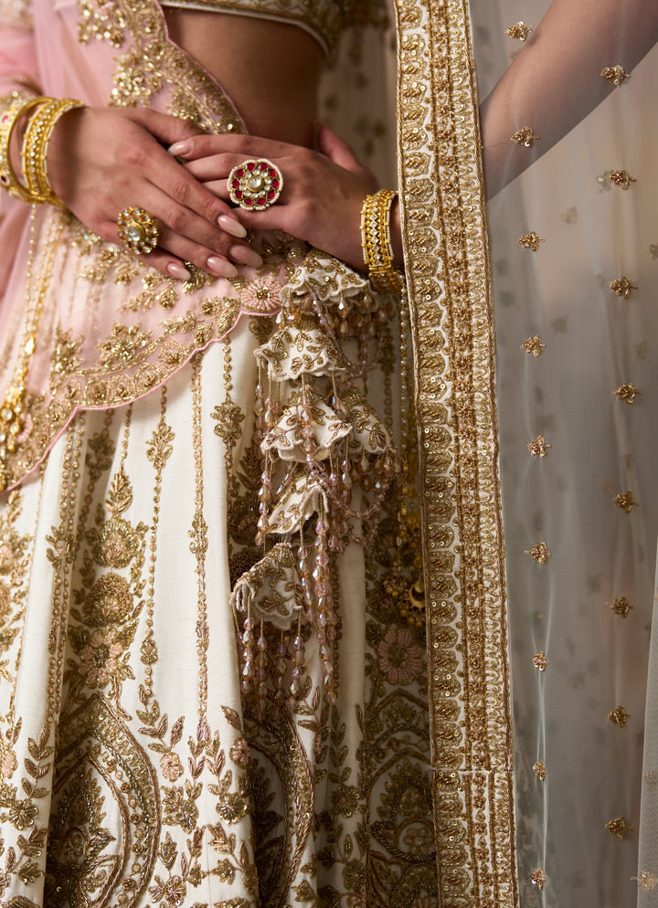 Ivory Raw Silk Double Dupatta Lehenga Set