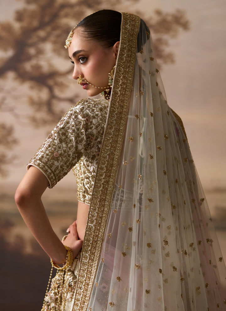 Ivory Raw Silk Double Dupatta Lehenga Set