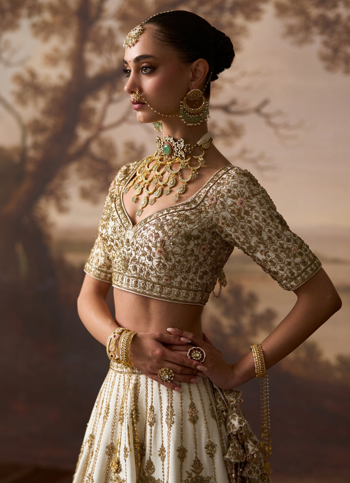 Ivory Raw Silk Double Dupatta Lehenga Set