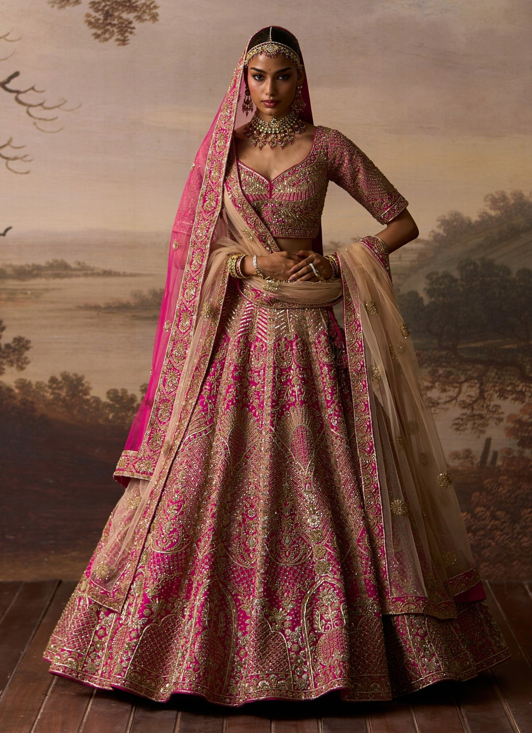 Hot Pink Raw Silk Double Dupatta Bridal Lehenga