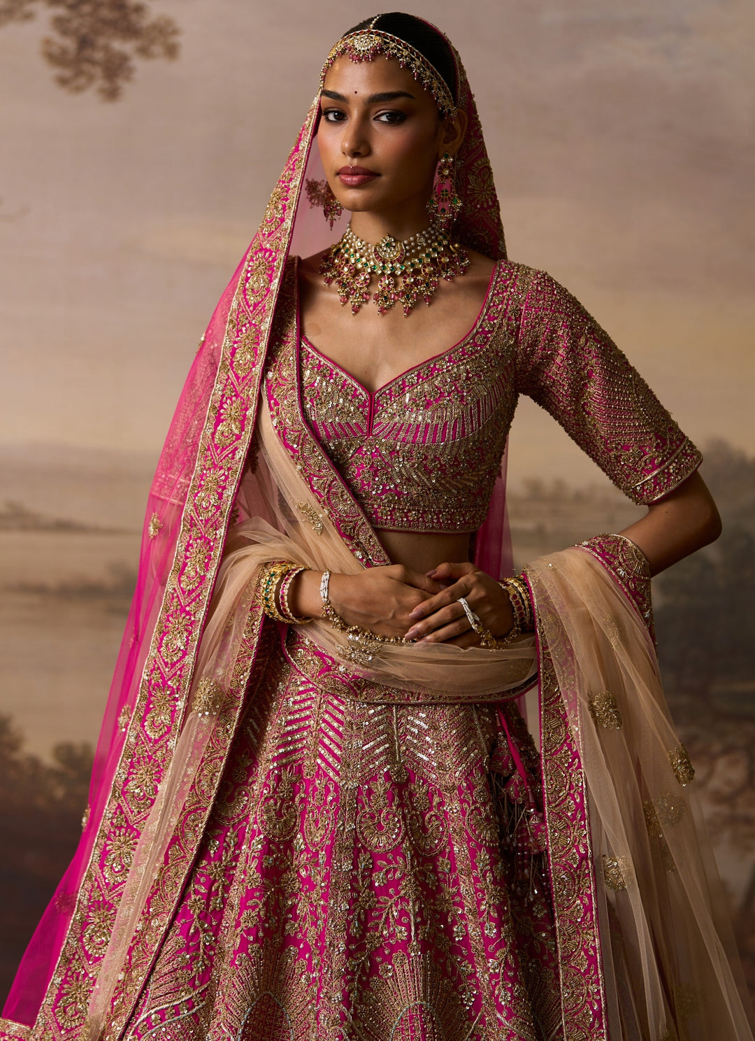 Hot Pink Raw Silk Double Dupatta Bridal Lehenga