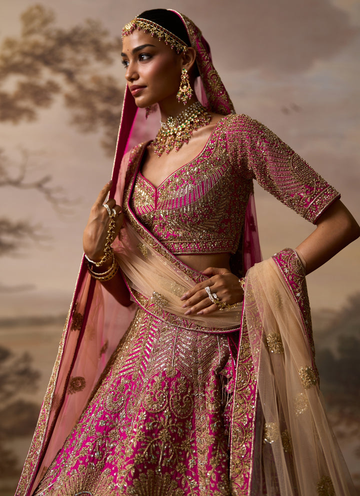 Hot Pink Raw Silk Double Dupatta Bridal Lehenga