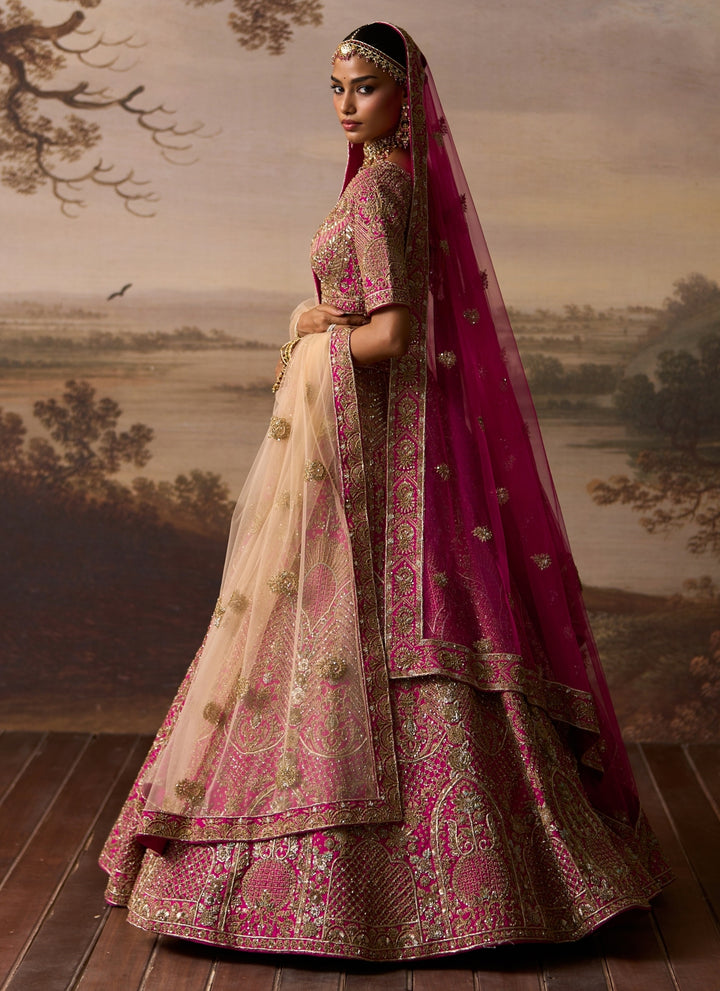 Hot Pink Raw Silk Double Dupatta Bridal Lehenga
