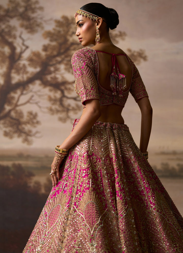 Hot Pink Raw Silk Double Dupatta Bridal Lehenga