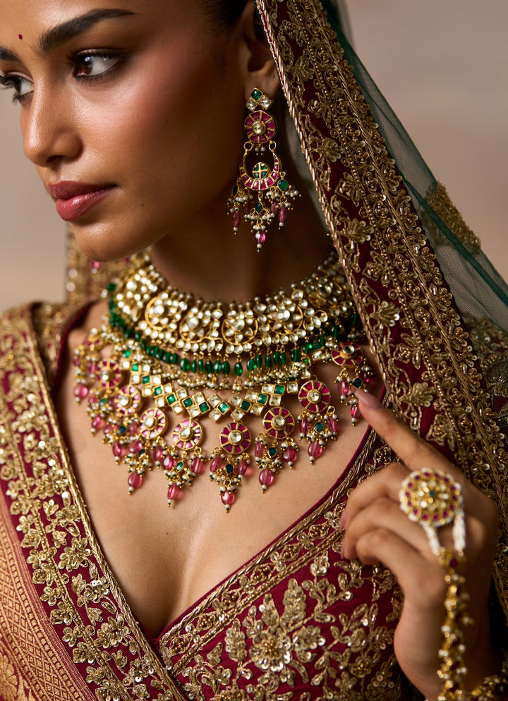 Emerald Green And Maroon Red Raw Silk Bridal Lehenga