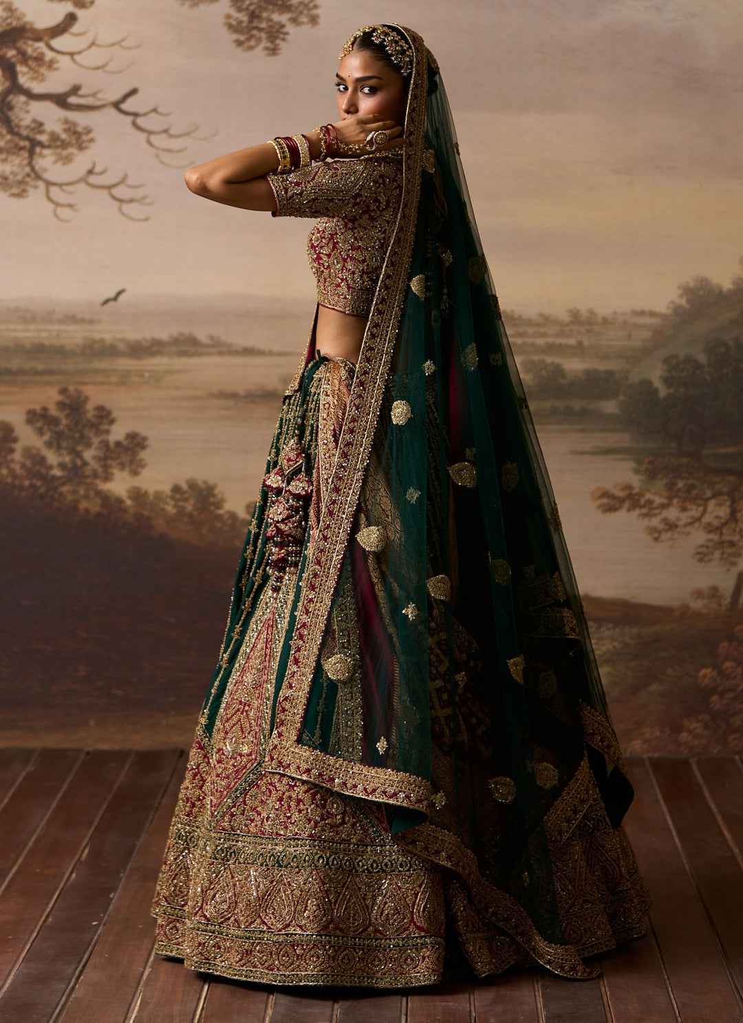 Emerald Green And Maroon Red Raw Silk Bridal Lehenga