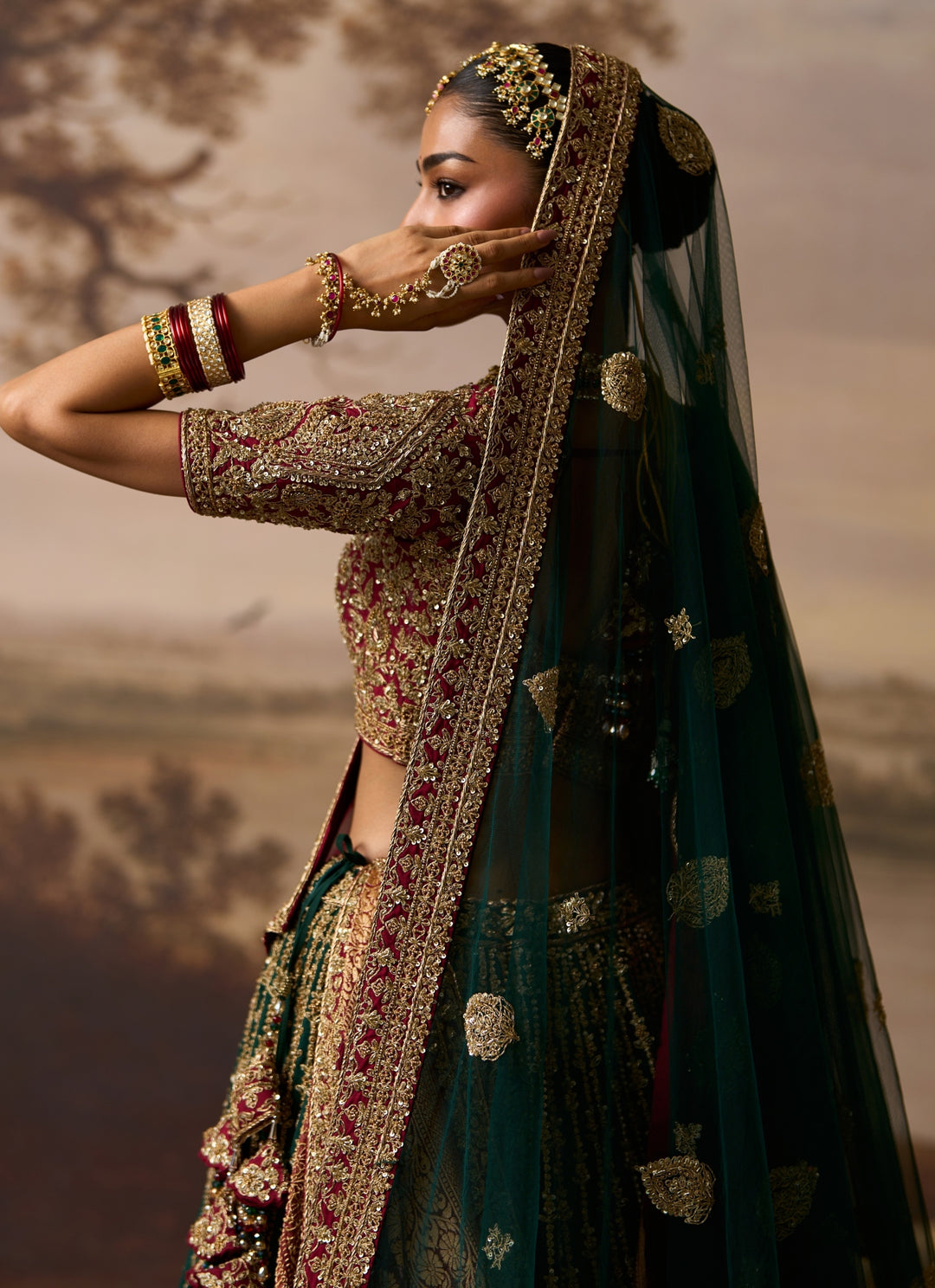 Emerald Green And Maroon Red Raw Silk Bridal Lehenga