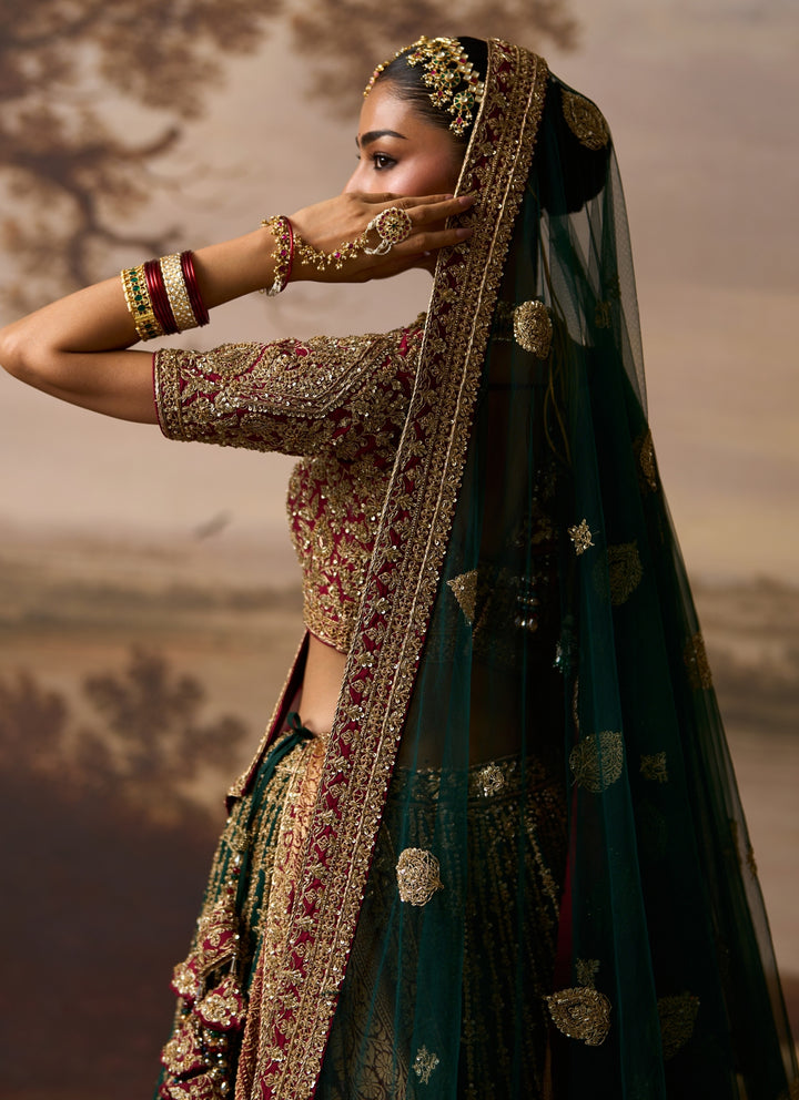 Emerald Green And Maroon Red Raw Silk Bridal Lehenga