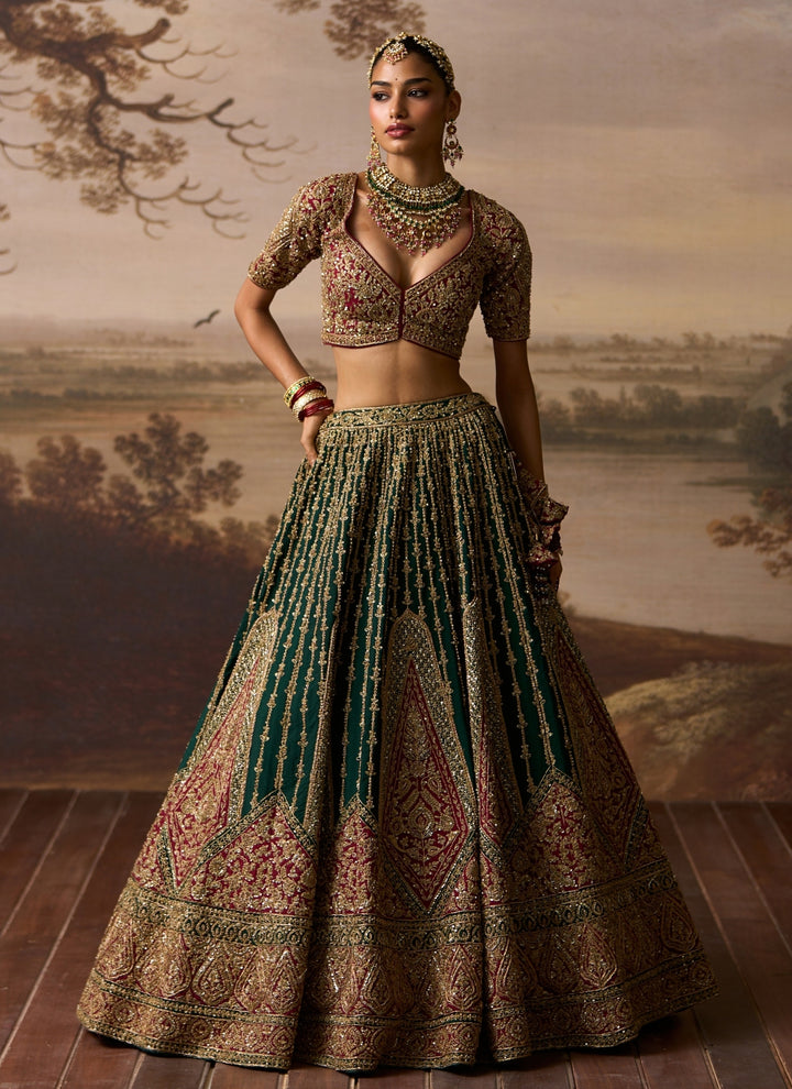 Emerald Green And Maroon Red Raw Silk Bridal Lehenga
