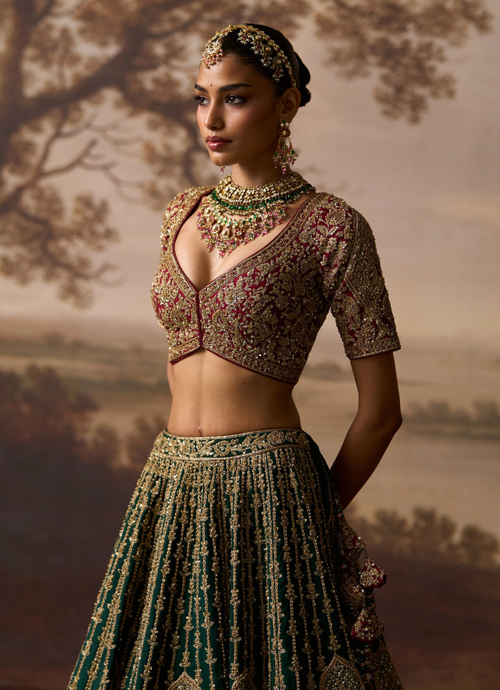 Emerald Green And Maroon Red Raw Silk Bridal Lehenga