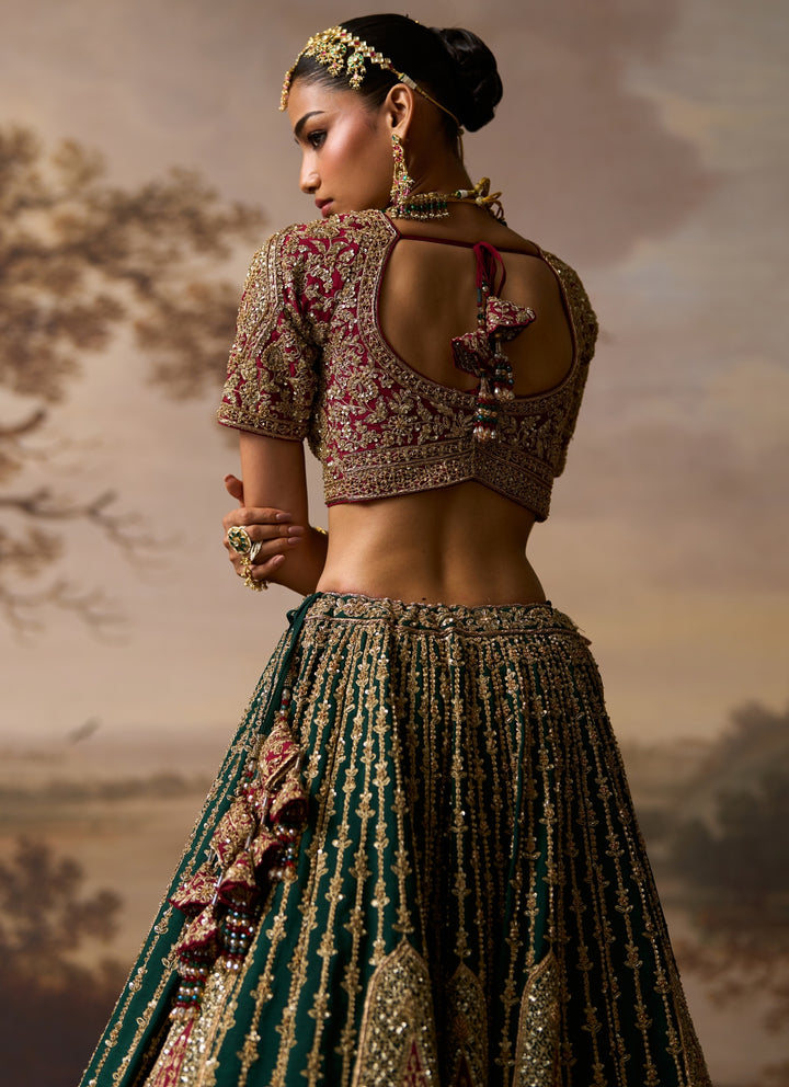 Emerald Green And Maroon Red Raw Silk Bridal Lehenga