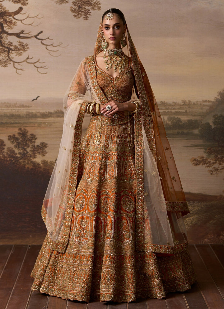Rust Orange Raw Silk Double Dupatta Bridal Lehenga