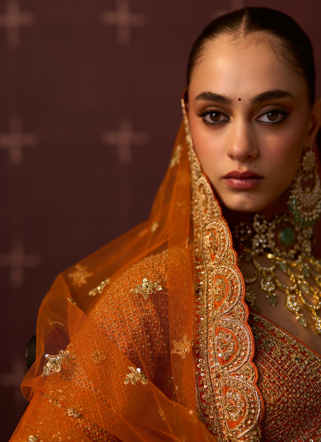 Rust Orange Raw Silk Double Dupatta Bridal Lehenga