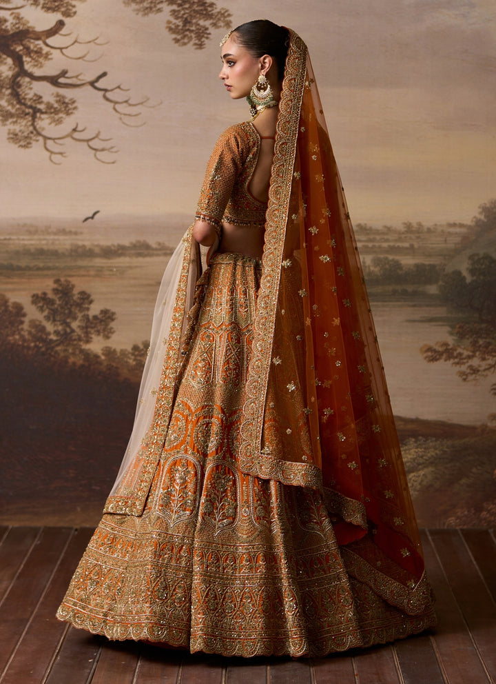 Rust Orange Raw Silk Double Dupatta Bridal Lehenga