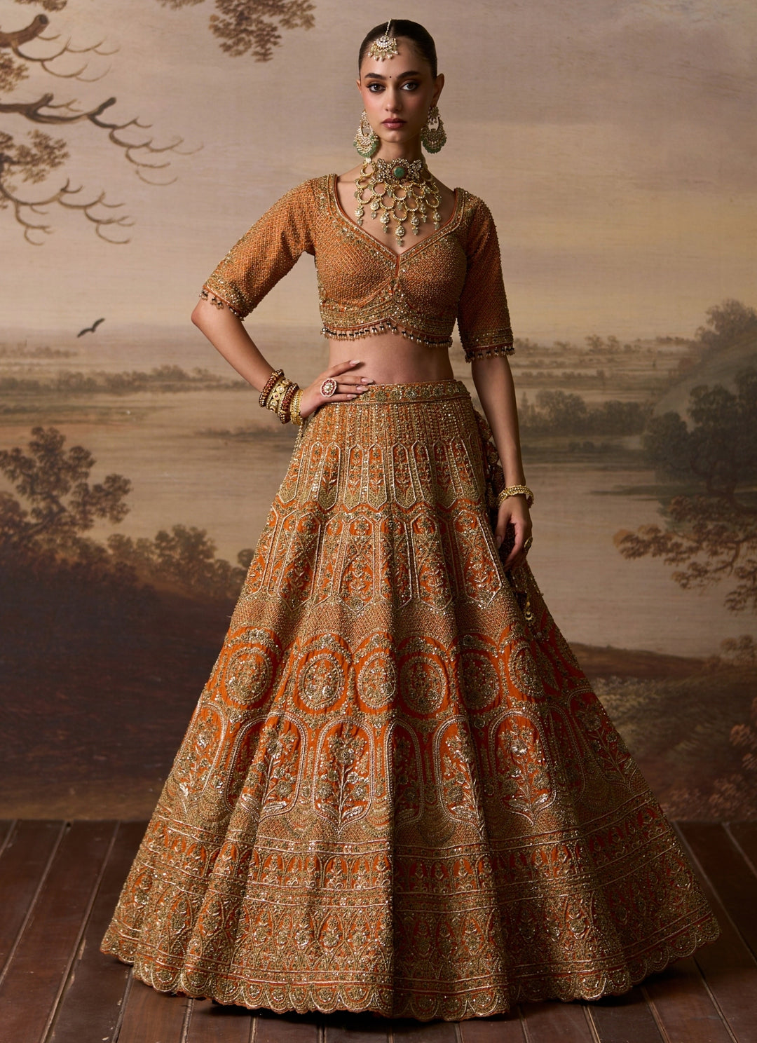 Rust Orange Raw Silk Double Dupatta Bridal Lehenga