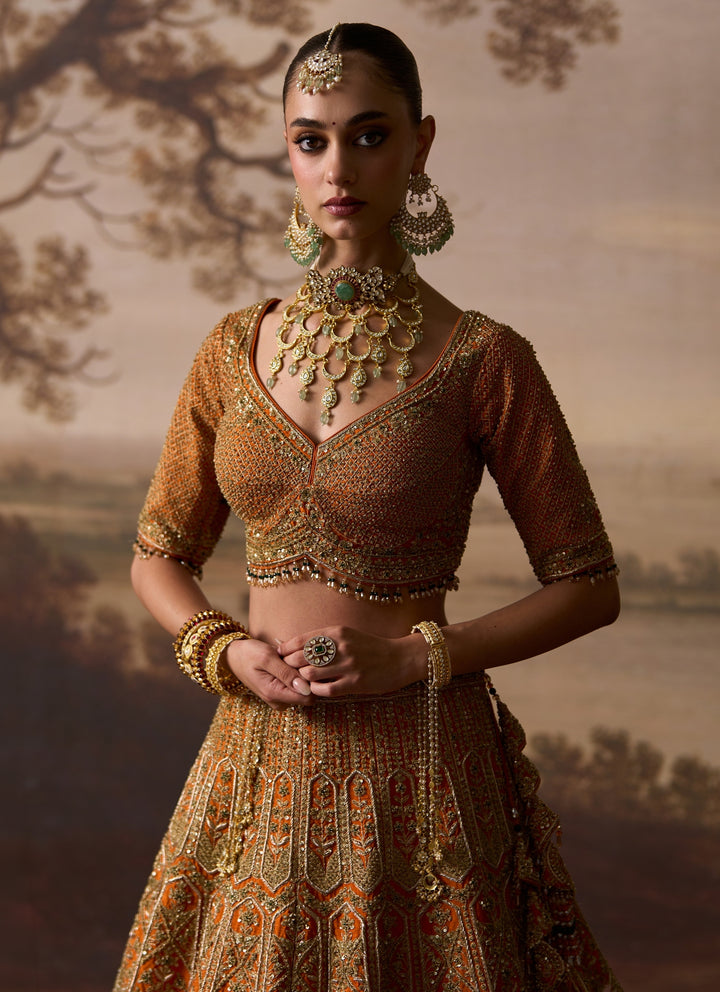 Rust Orange Raw Silk Double Dupatta Bridal Lehenga